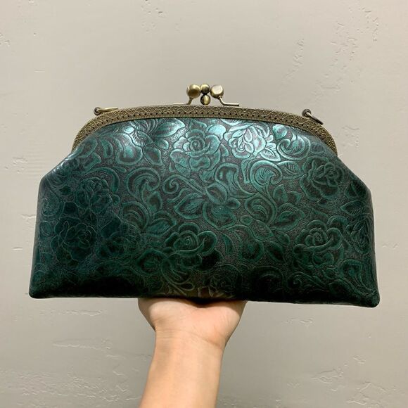 Handsewn Genuine Cowhide Floral Embossed Double Kiss-lock Bag & 2 Chain Styles - Picture 3 of 16